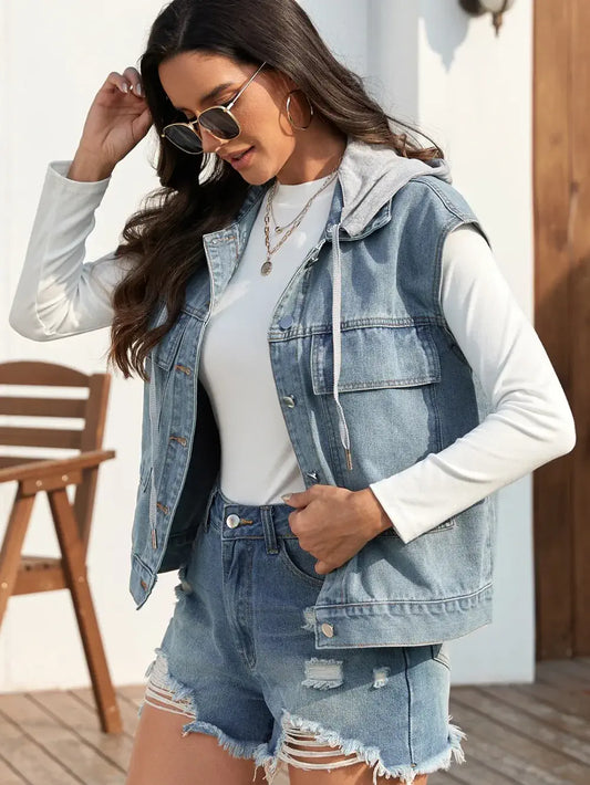 Button Up Sleeveless Denim Jacket