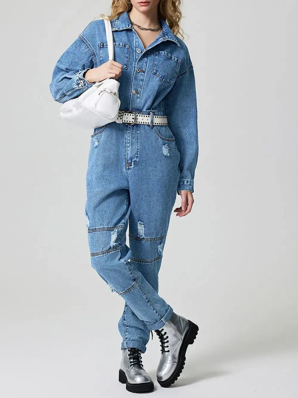 long sleeve denim jumpsuit for women Blue