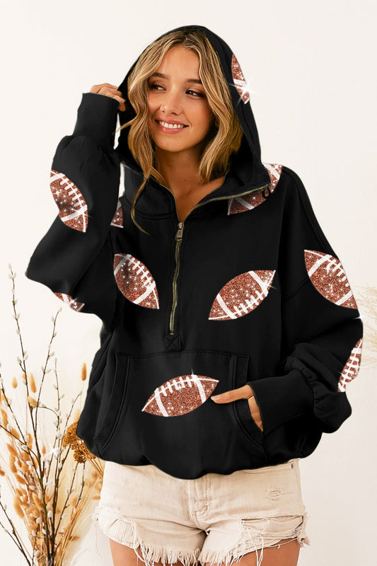 Sequin Football Half Zip Hoodie Black