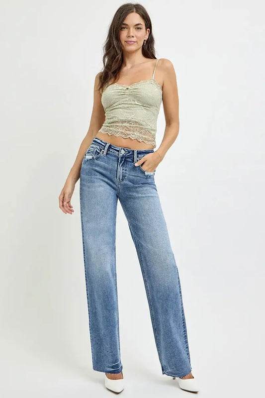 high waisted straight leg jeans for women Blue