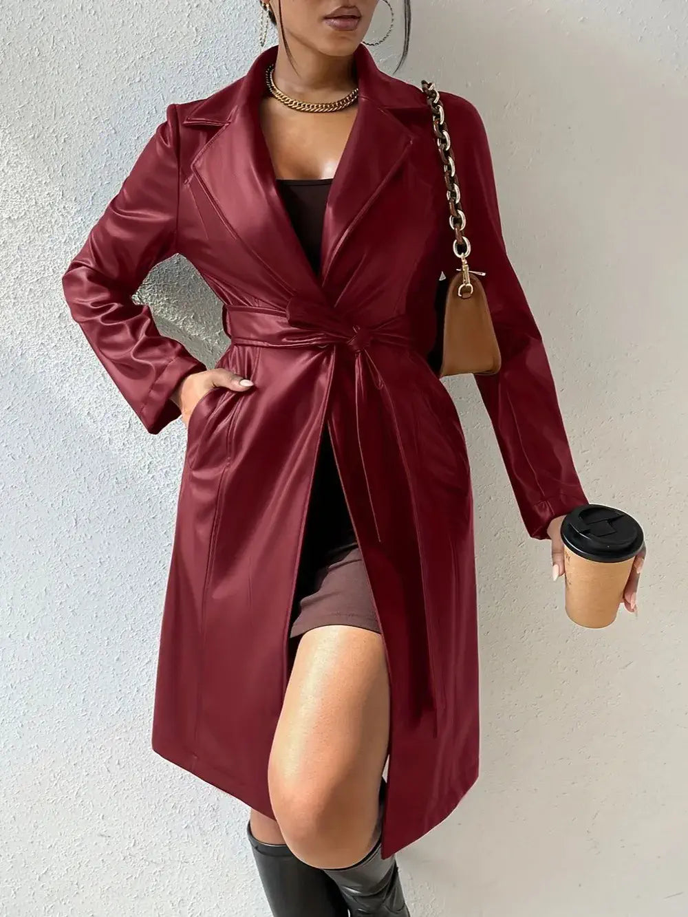 women's faux leather trench coat Burgundy