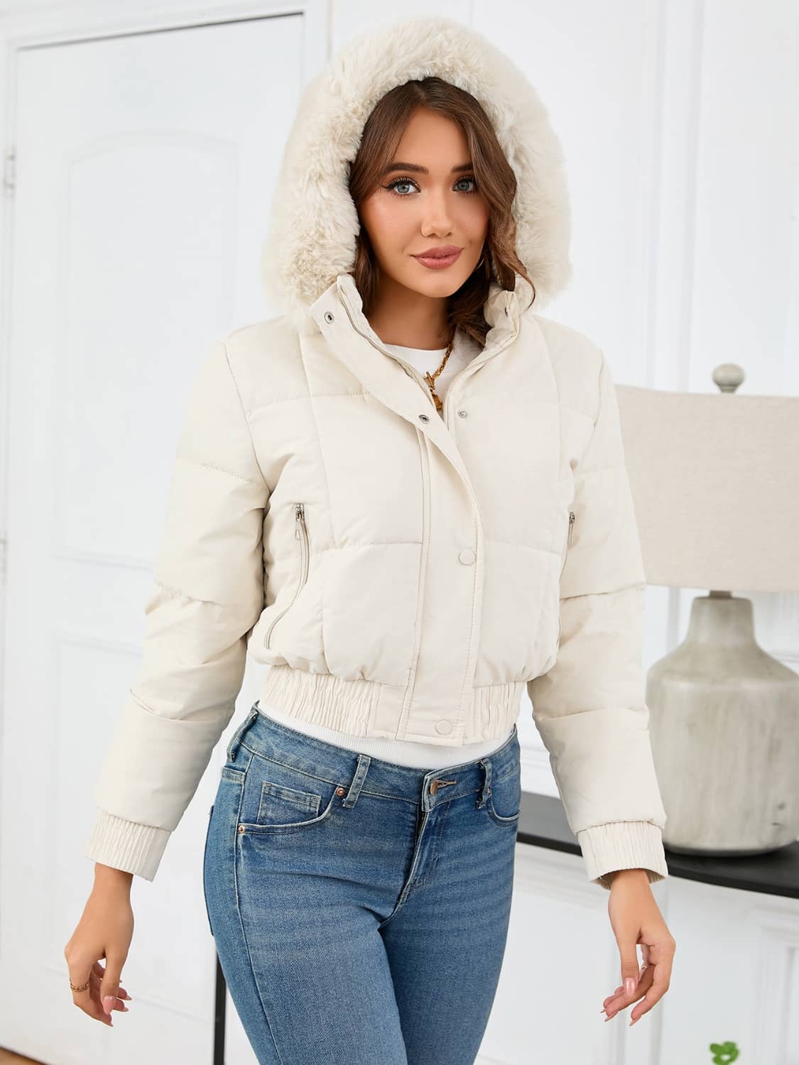 crop puffer jacket with fur hood