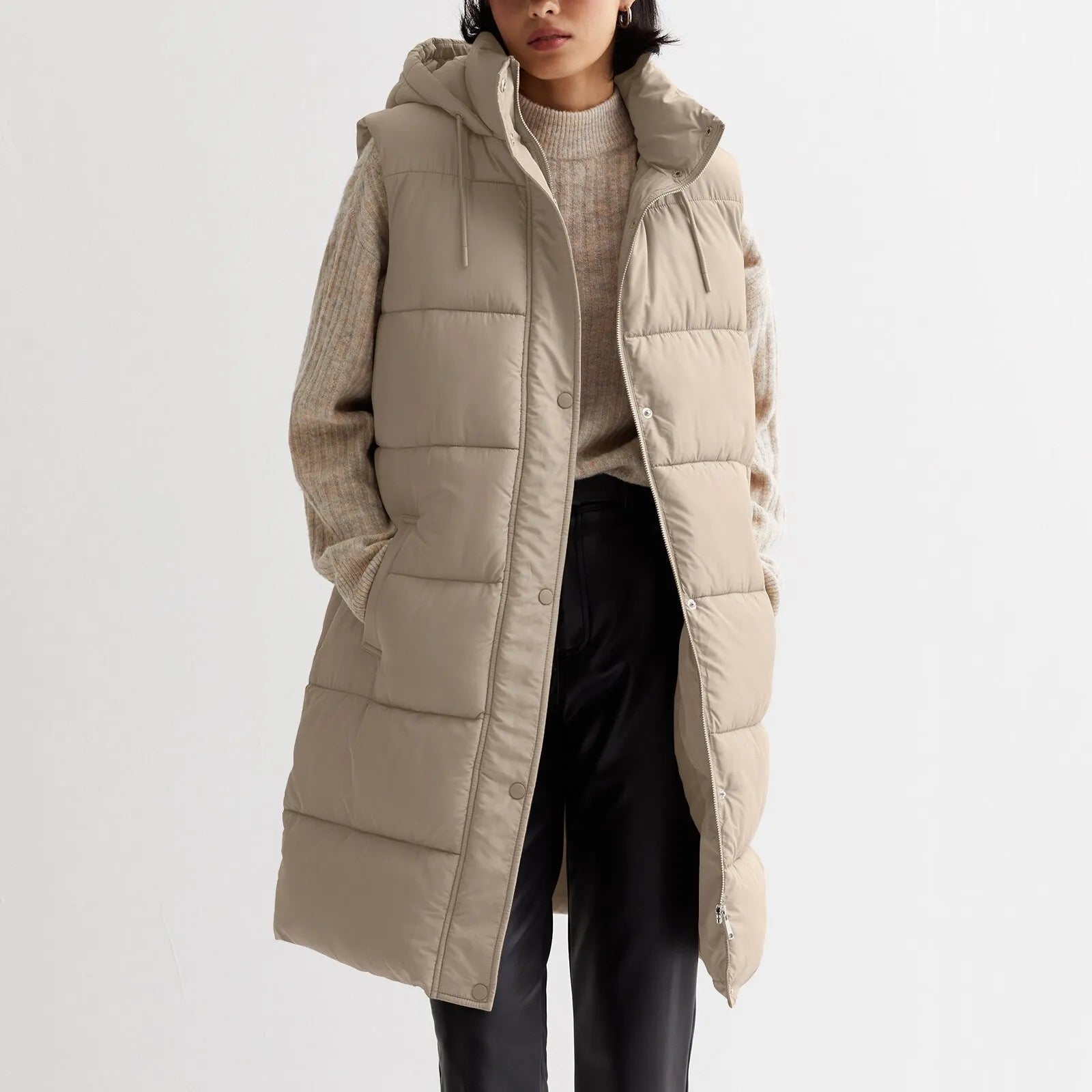 womens long puffer vest with hood Khaki