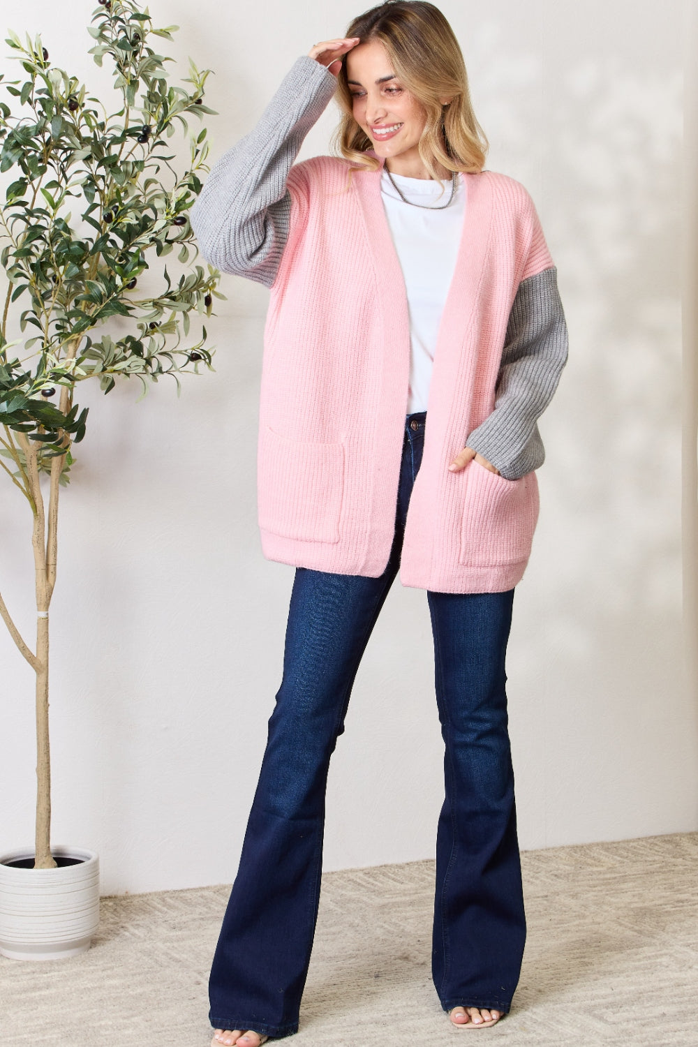 Contrast Open Front Cardigan with Pockets