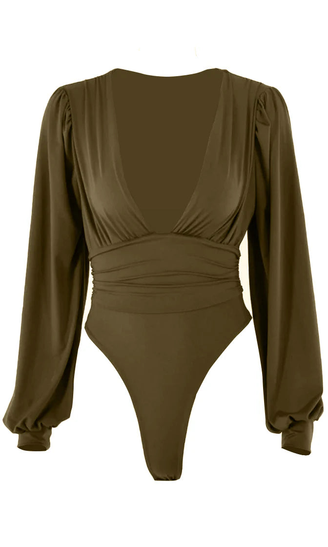 long sleeve deep v bodysuit Army Green