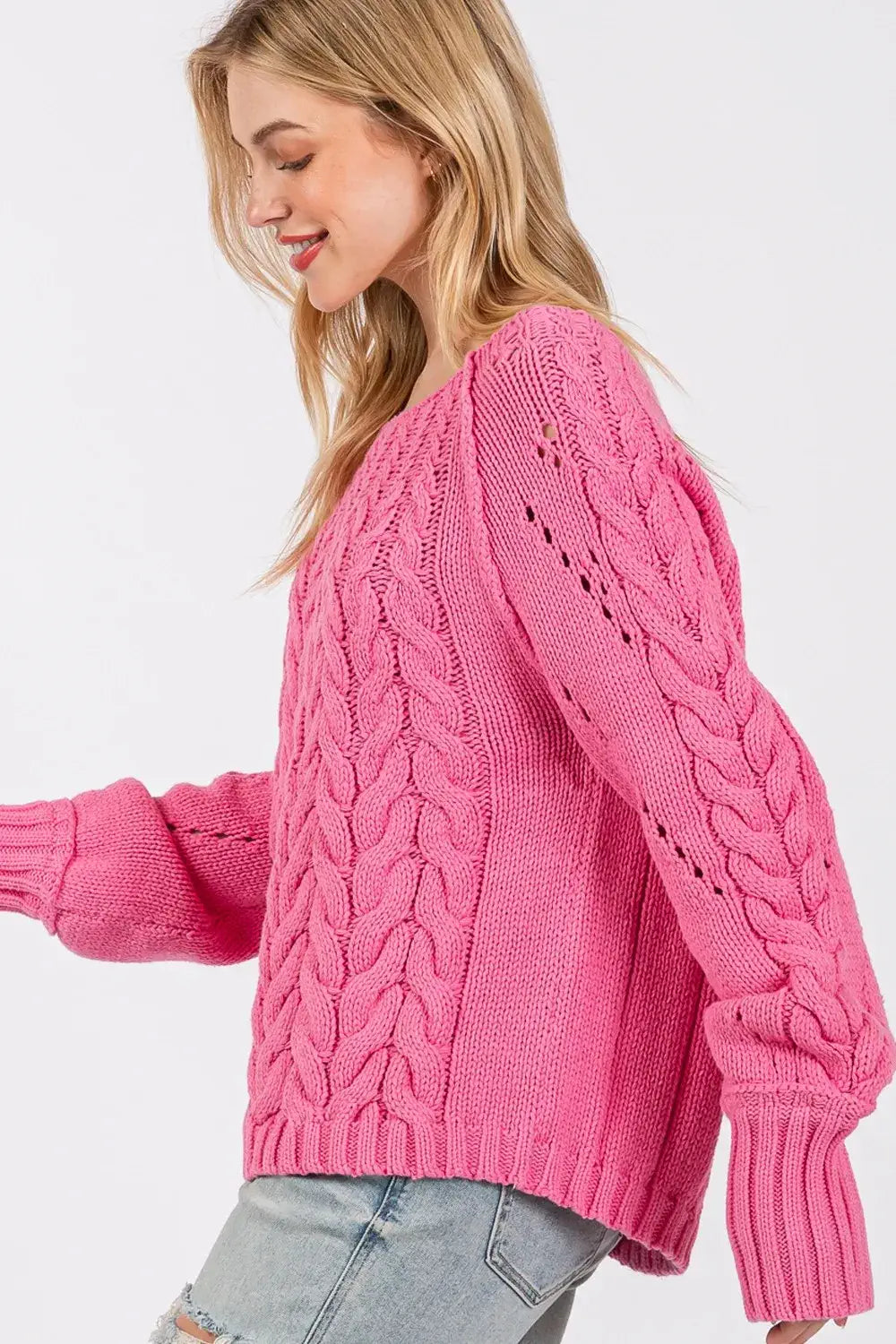 womens pink cable knit sweater