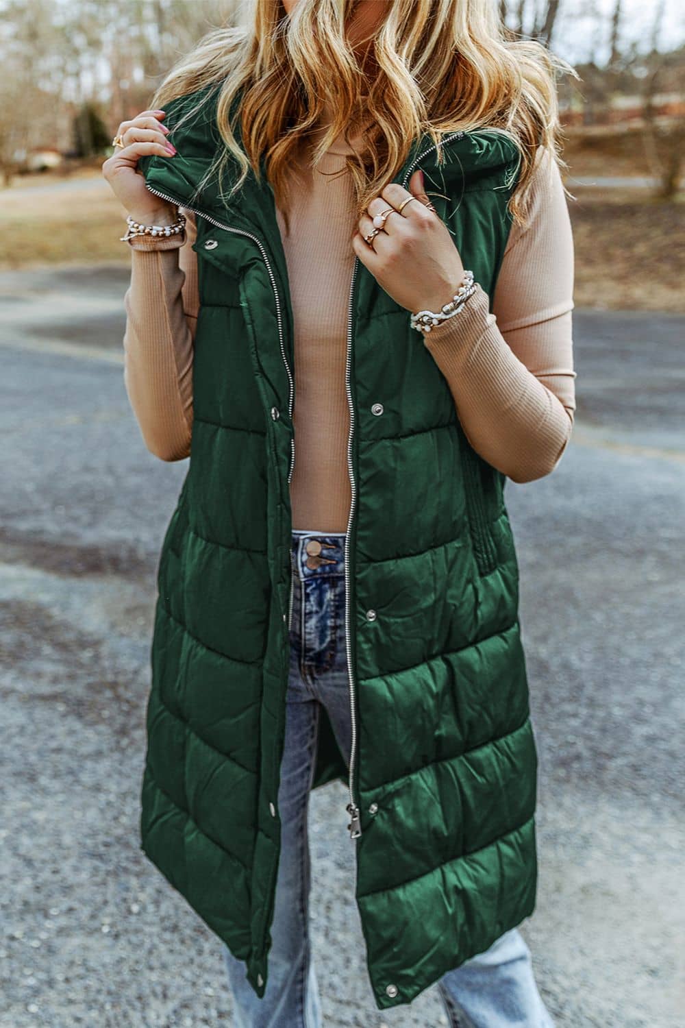 long puffer vest with hood