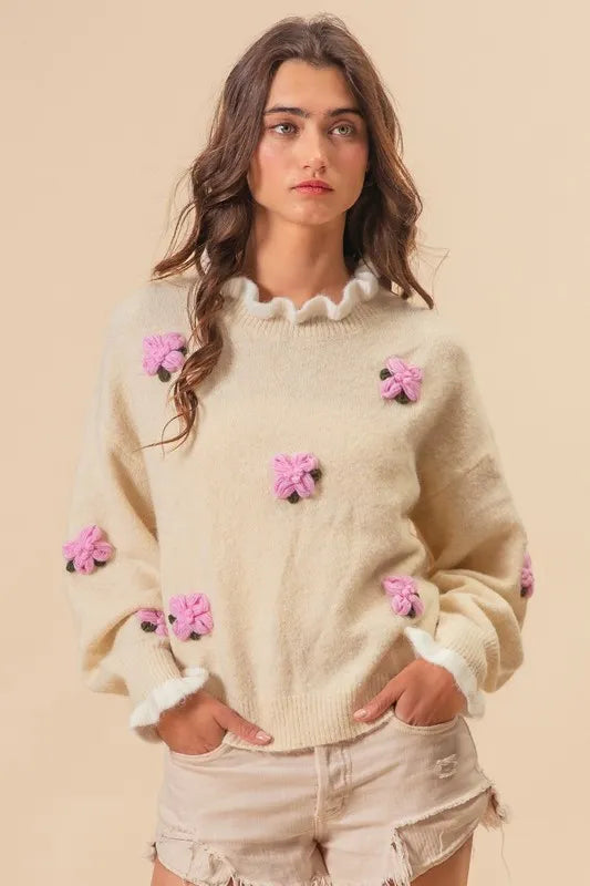 Ruffled Flower Sweater Women Cream