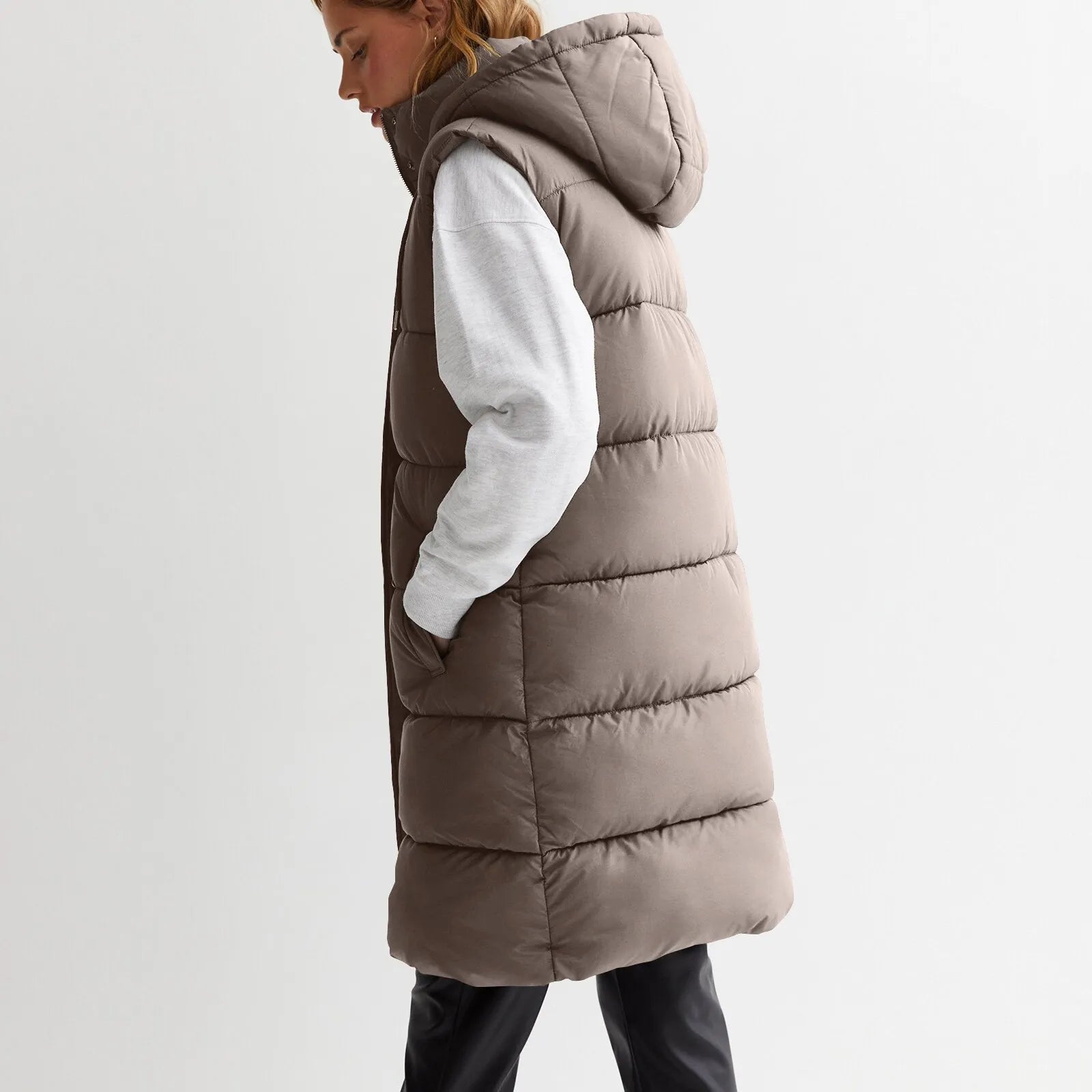 womens long puffer vest with hood