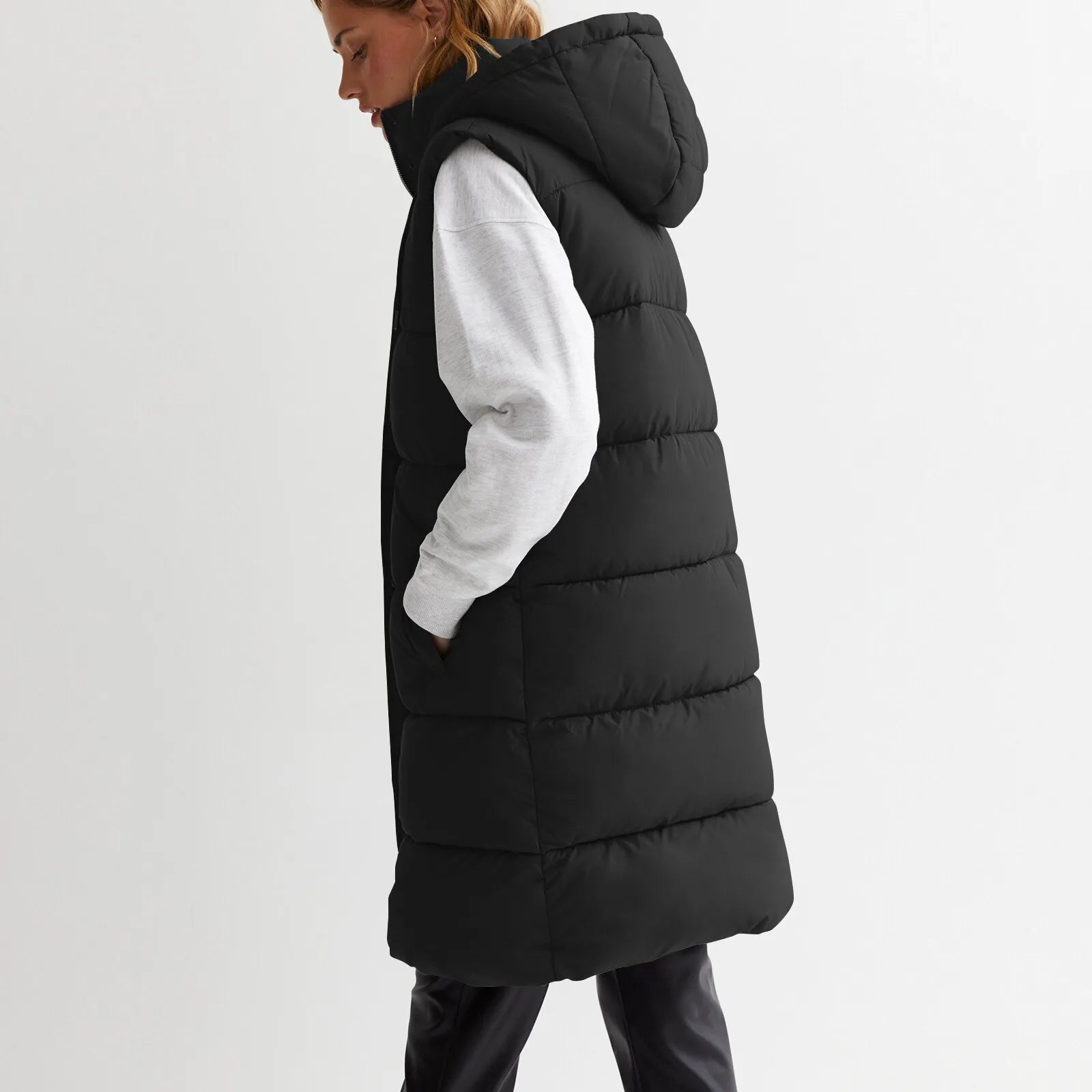 womens long puffer vest with hood