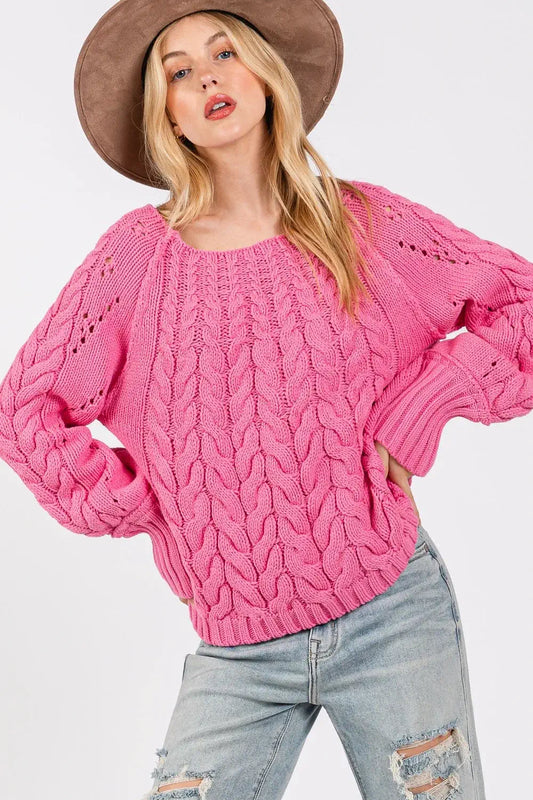 womens pink cable knit sweater Deep Pink