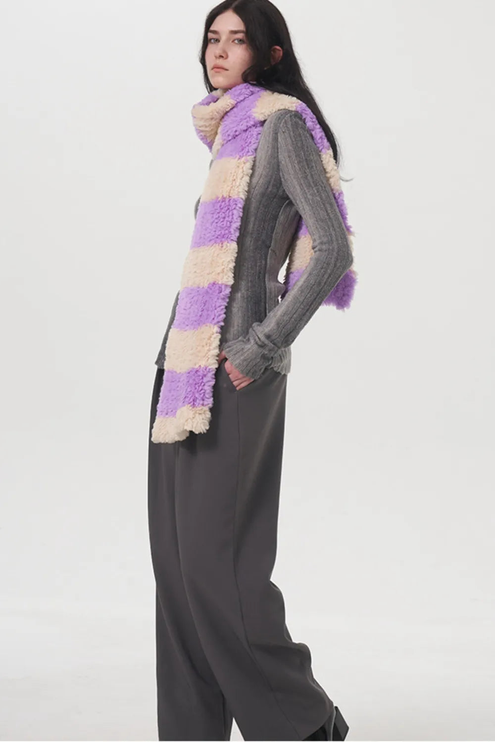 Fuzzy Contrast Striped Scarf Vivid Violet One Size