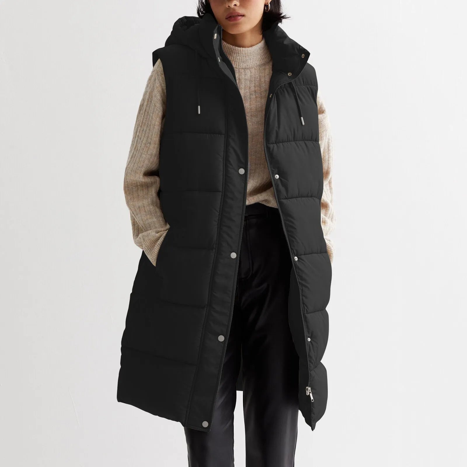 womens long puffer vest with hood Black