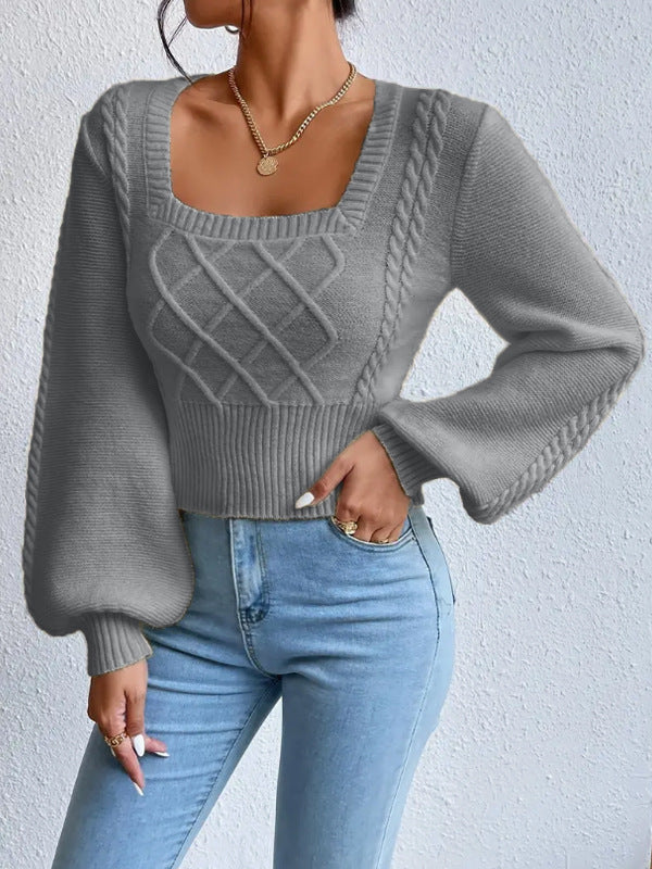 Solid Color Square Collar Sweater Gray