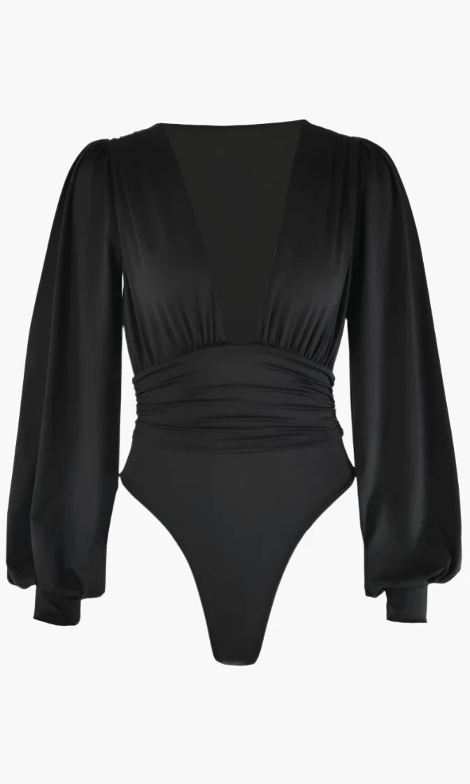 long sleeve deep v bodysuit Black