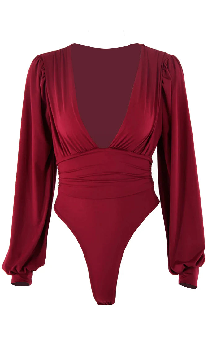 long sleeve deep v bodysuit Wine Red