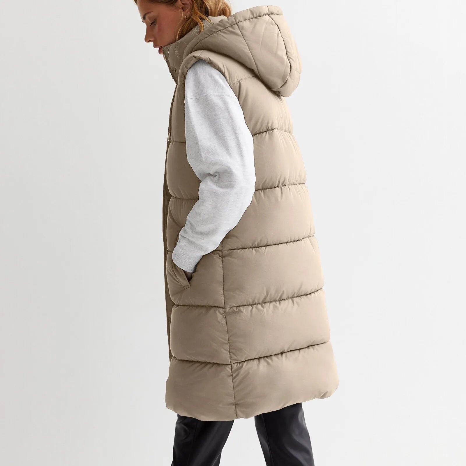 womens long puffer vest with hood