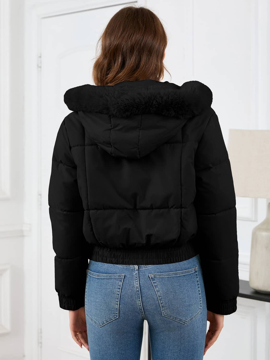 crop puffer jacket with fur hood