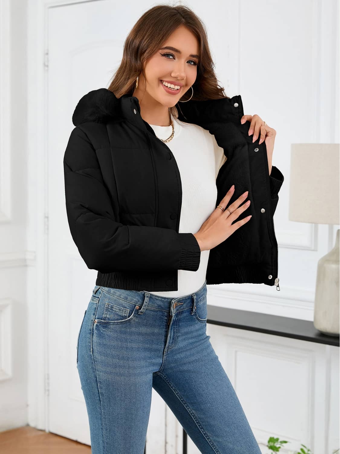 crop puffer jacket with fur hood