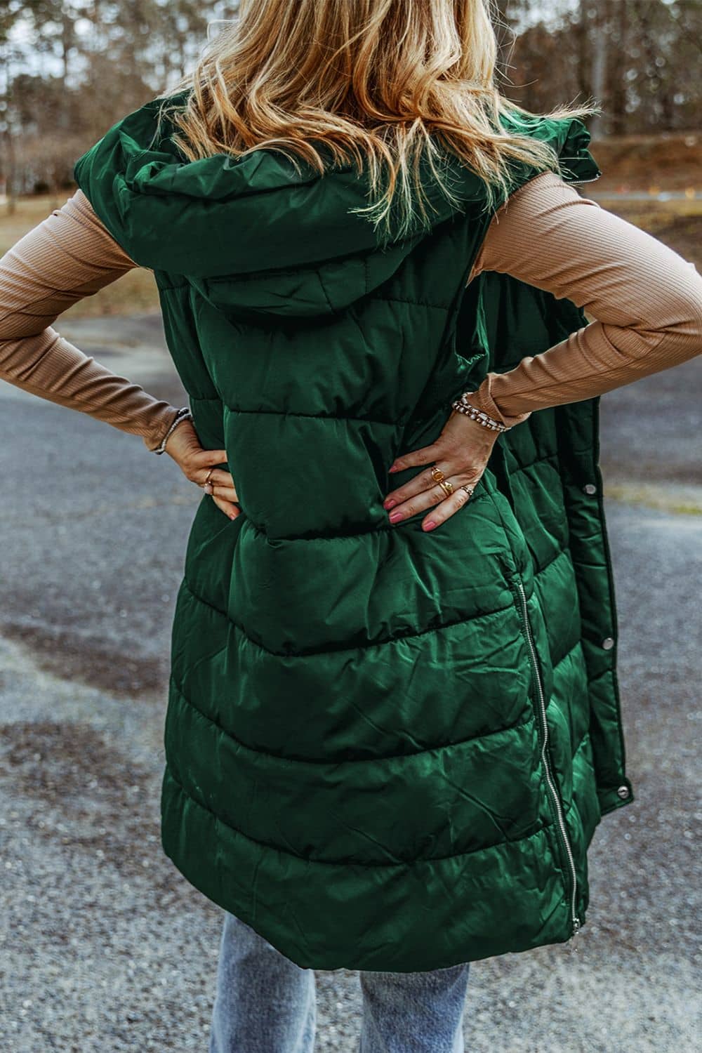 long puffer vest with hood