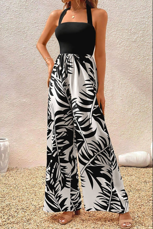 Printed Halter Wide Leg Jumpsuit Black