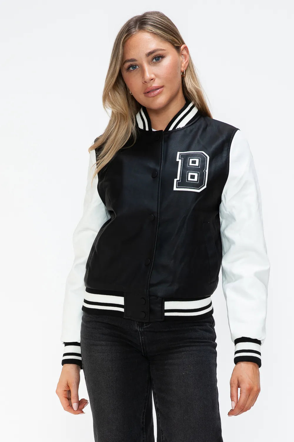 Faux Leather Bomber Jacket Black White