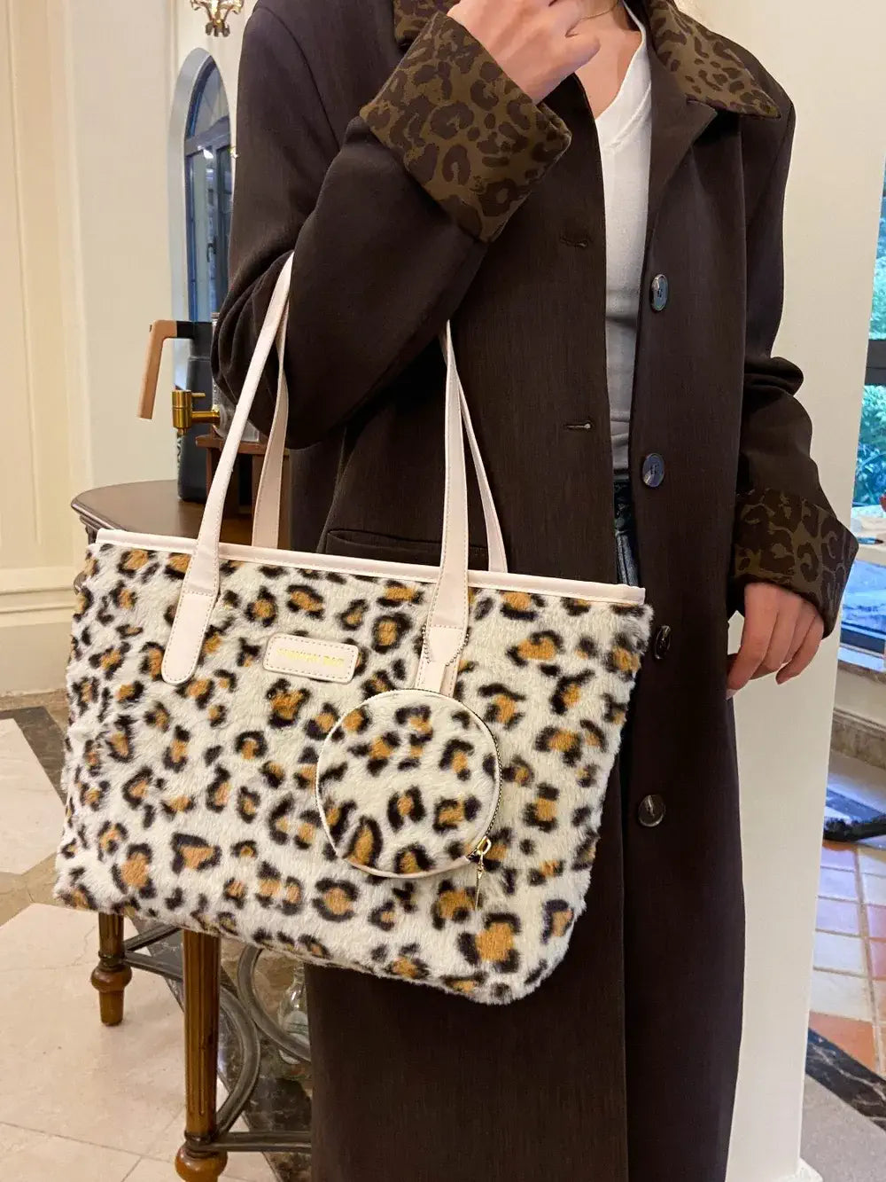 faux fur leopard bag with purse