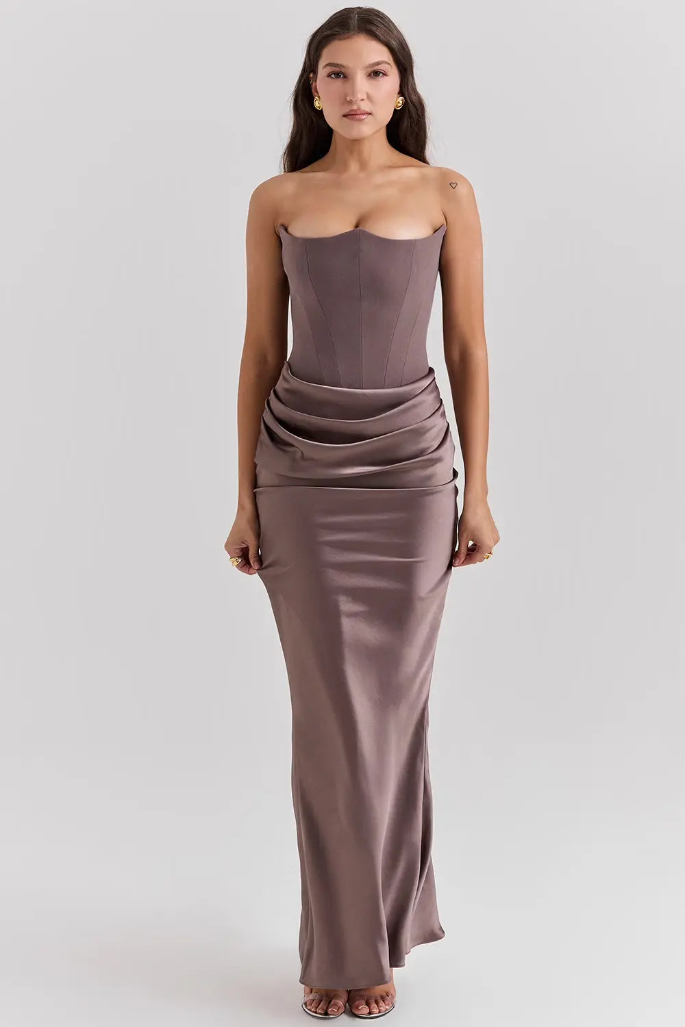 strapless dress for wedding guest Taupe