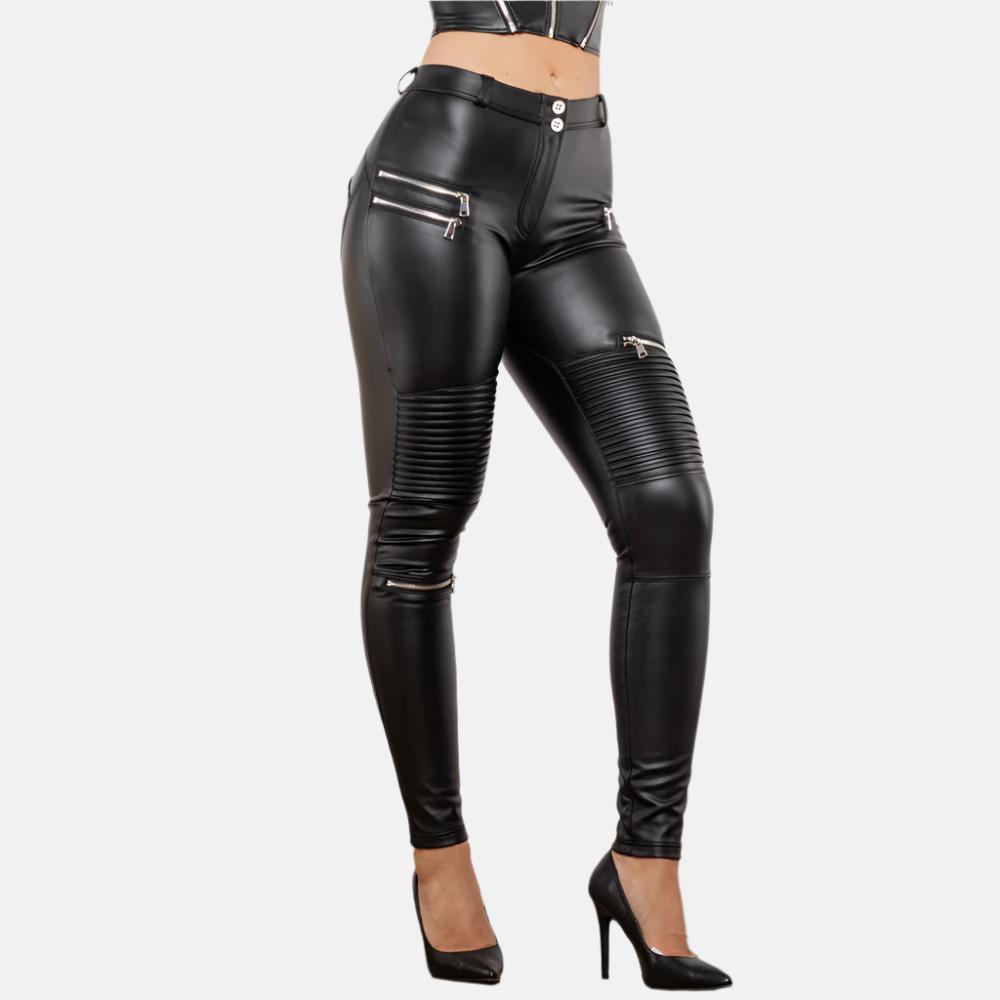 black faux leather skinny pants