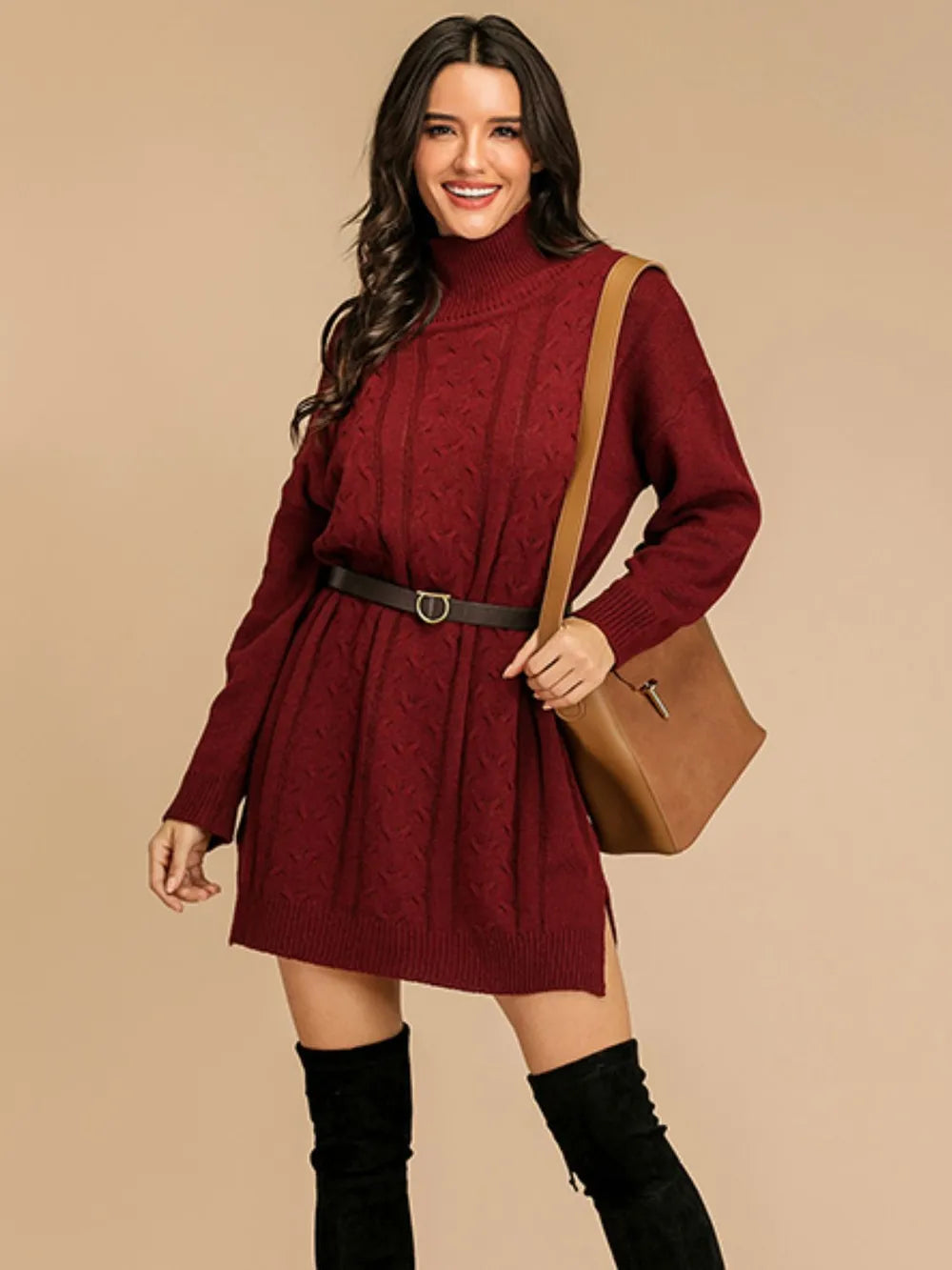 long-sleeve turtleneck mini sweater dress Burgundy