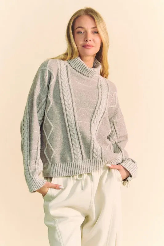 Cable-Knit Turtleneck Sweater Gray