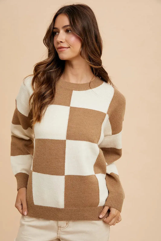 Checkered Dropped Shoulder Sweater Mocha