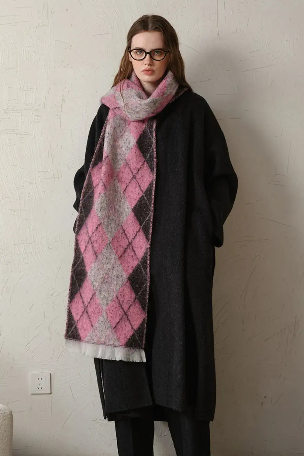 Fringe Argyle Polyester Scarf Hot Pink One Size