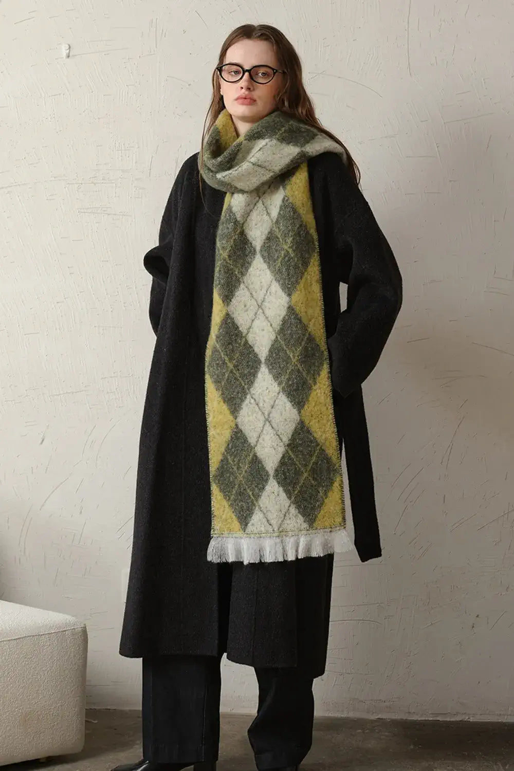 Fringe Argyle Polyester Scarf Moss One Size