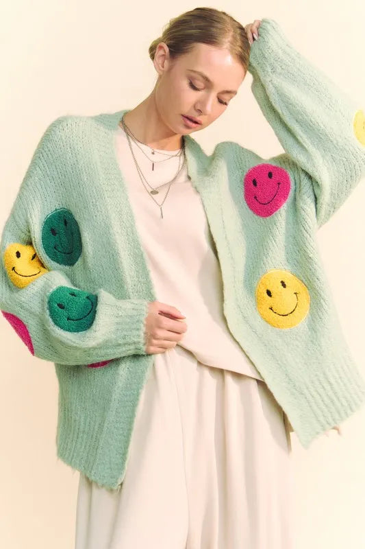 Fuzzy Smile Open Front Cardigan Sage