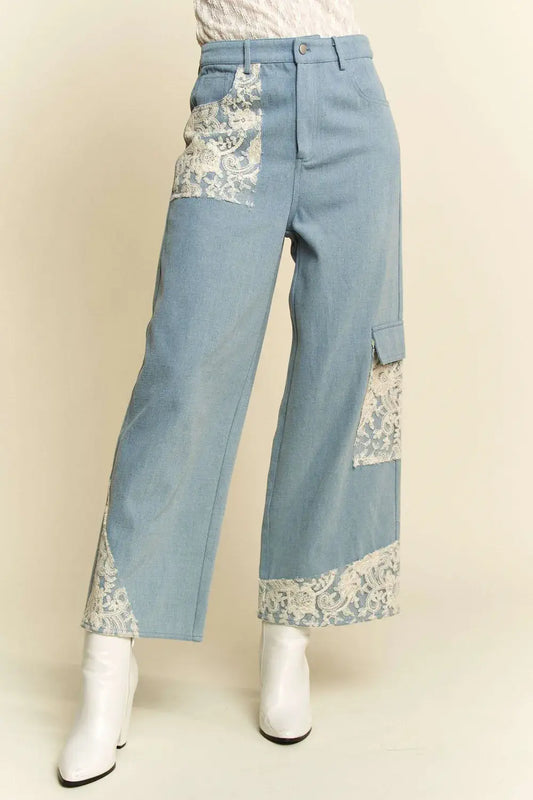 Lace Applique Wide Leg Jeans Light