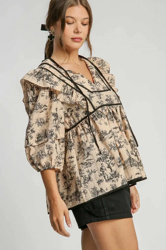 Puff Sleeve Babydoll Blouse Taupe