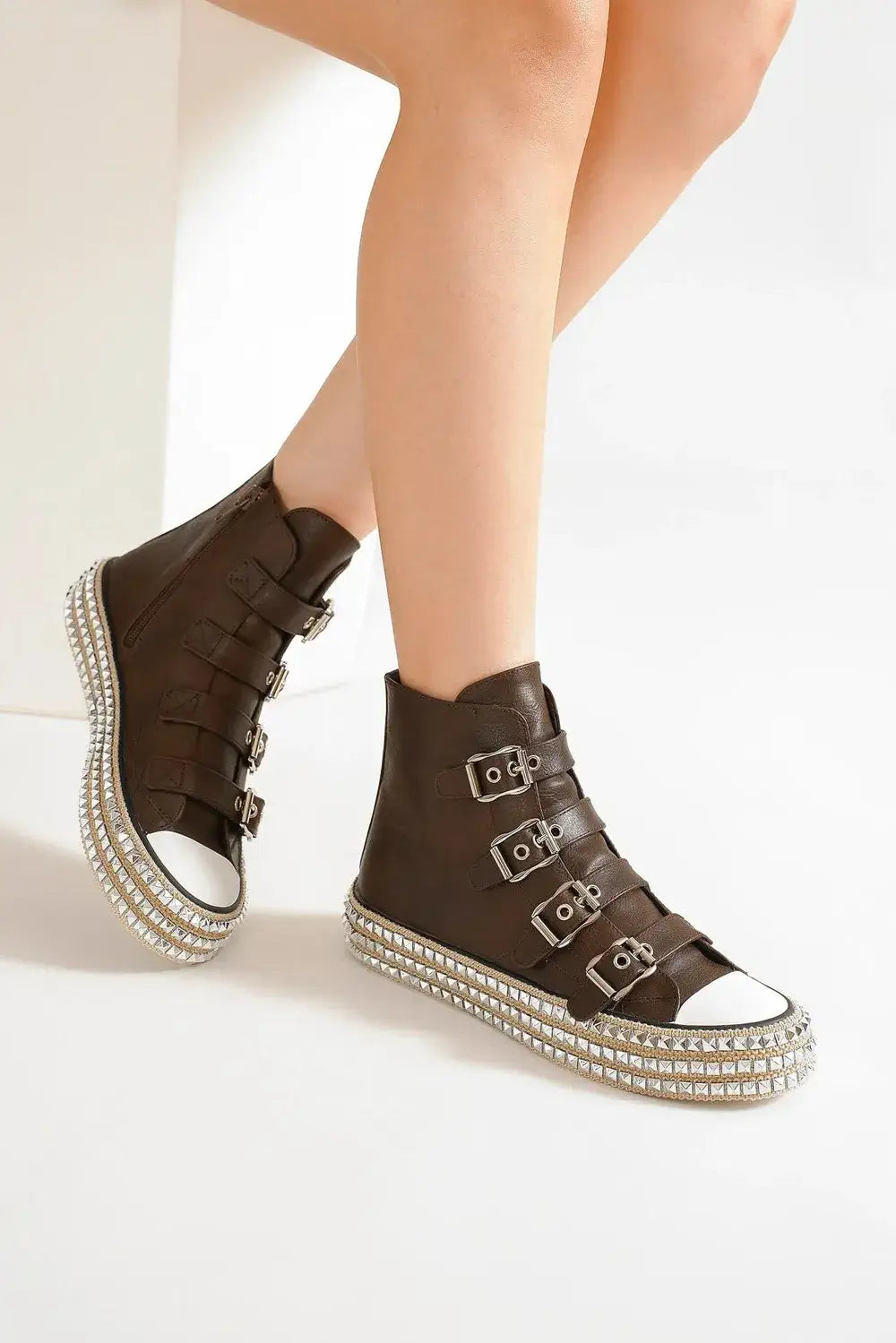 Multi Straps Studded Platform Sneakers Dark Brown