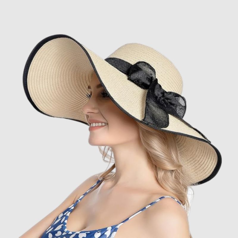 straw hat with black ribbon Beige