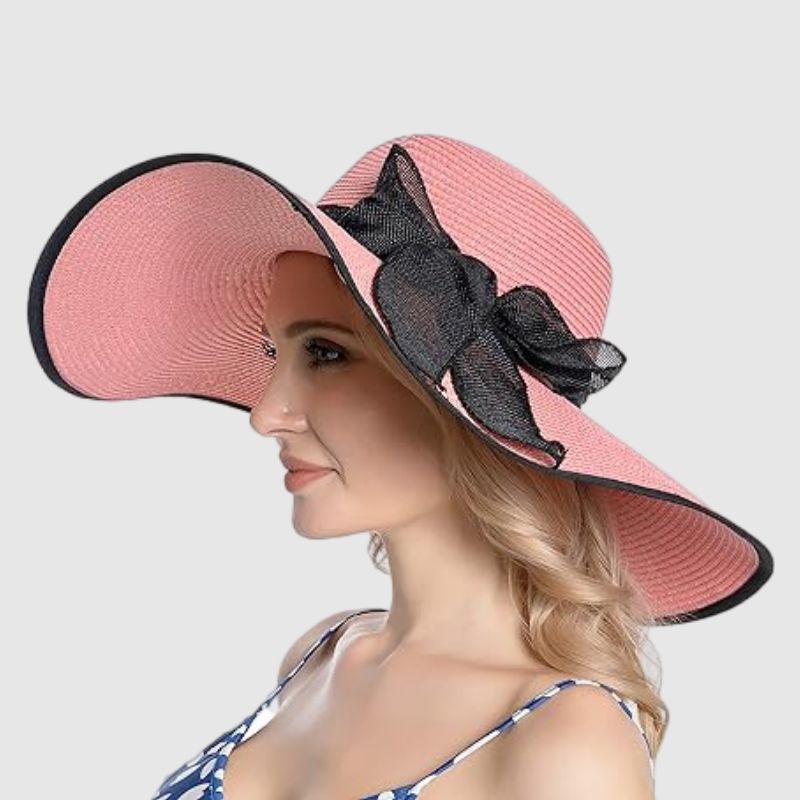 straw hat with black ribbon Pink