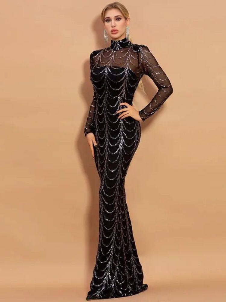 black long sleeve sequin maxi dress Black