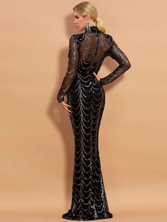 black long sleeve sequin maxi dress