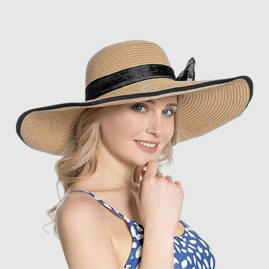 straw hat with black ribbon