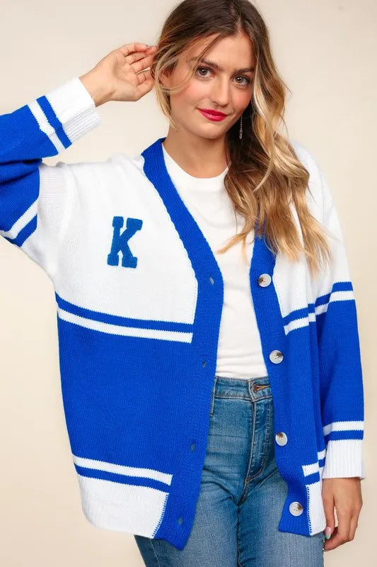 Women Letter Patch Cardigan Royal Blue