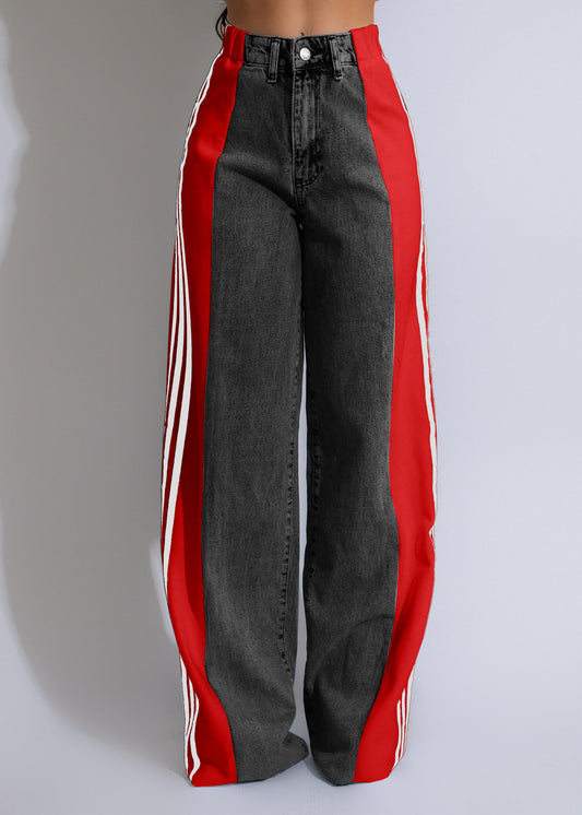 2024 Fashion Casual High Waist Elastic Straight Leg Trousers Three Stripe Patchwork Denim Wide Leg Pants Streetwear Black And Red