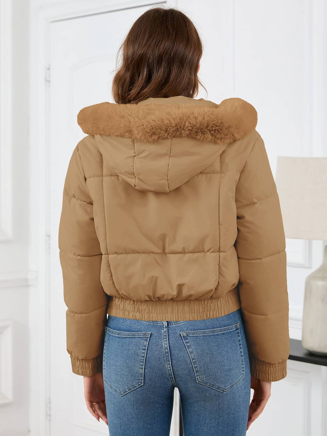 crop puffer jacket with fur hood