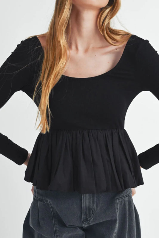 black long sleeve peplum top Black