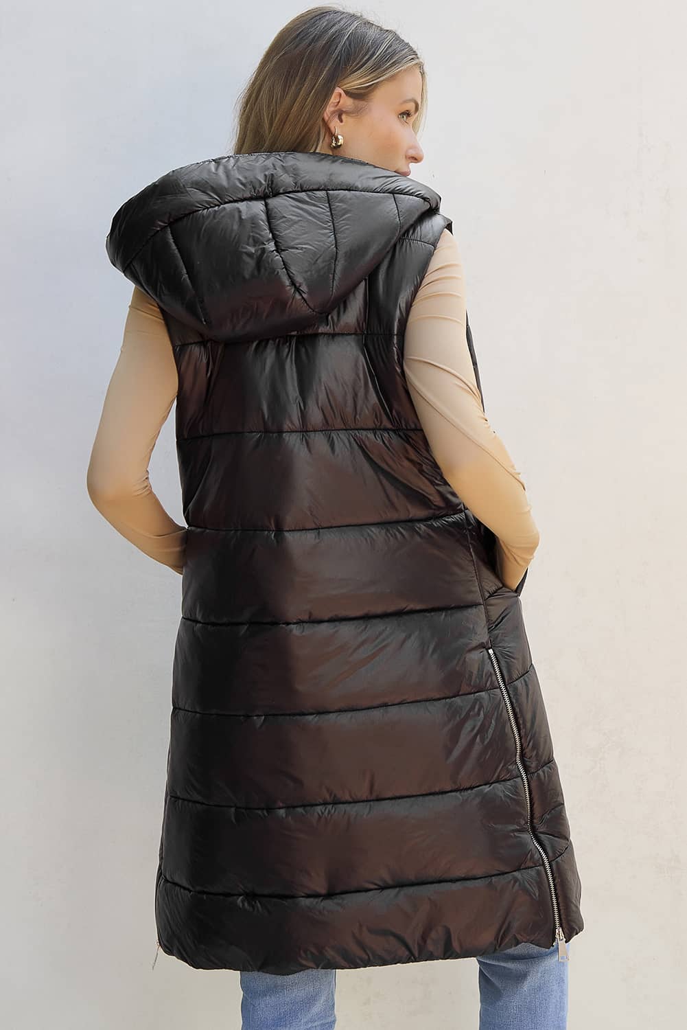 long puffer vest with hood