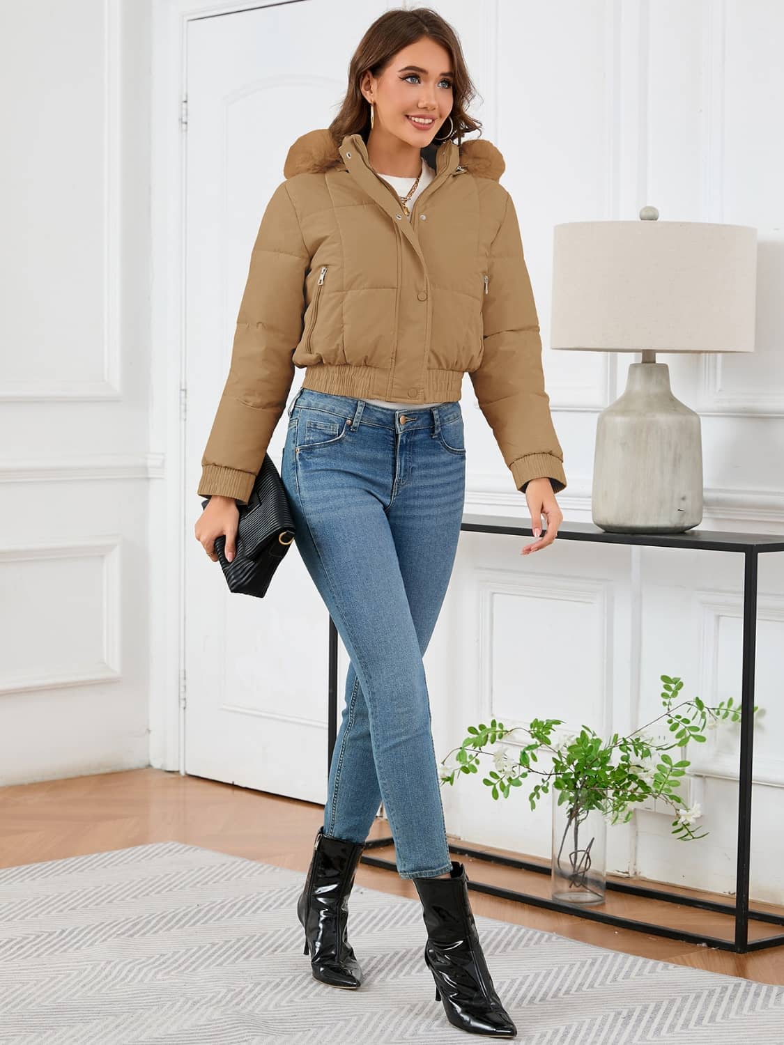 crop puffer jacket with fur hood