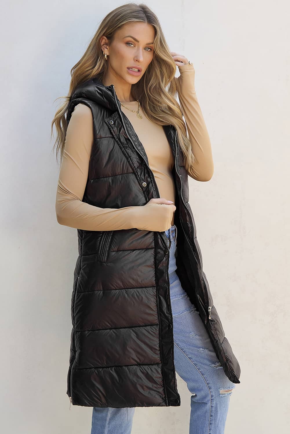 long puffer vest with hood